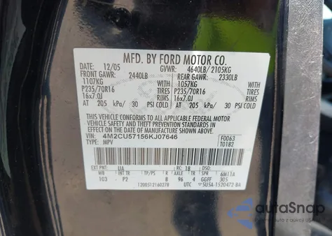 2006 Mercury Mariner Luxury/Premier from USA, damaged, VIN 4M2CU57156KJ07646